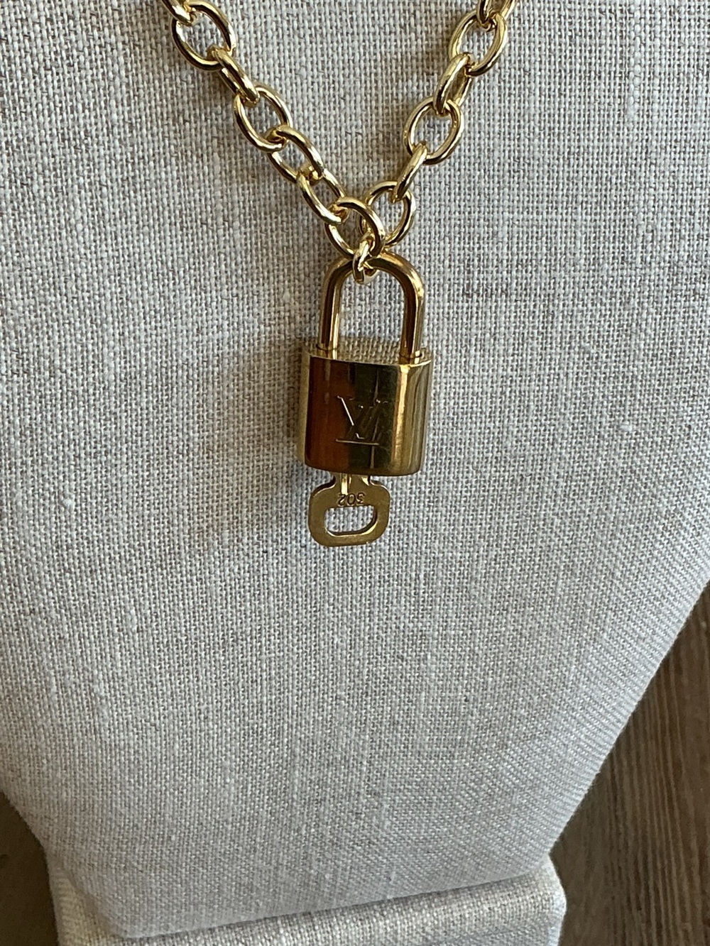 Authentic Louis Vuitton Gold Padlock Key #308 on Gold Tone Chain Necklace - Picture 2 of 3